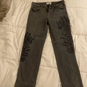 Gray flower embroidered jeans